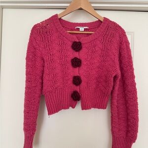 Kimchi Blue Fuchsia Knit Cardigan with Floral Buttons